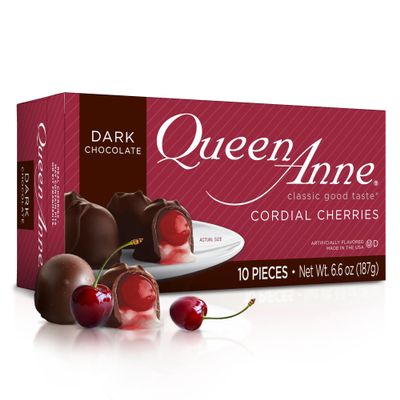 Queen Anne Dark Chocolate Covered Cordial Cherries | 6.6 oz | 10 Piece Gift Box | Whole Maraschino Cherry Creamy Filled Liquid Center | Holiday Party Chocolate Candy