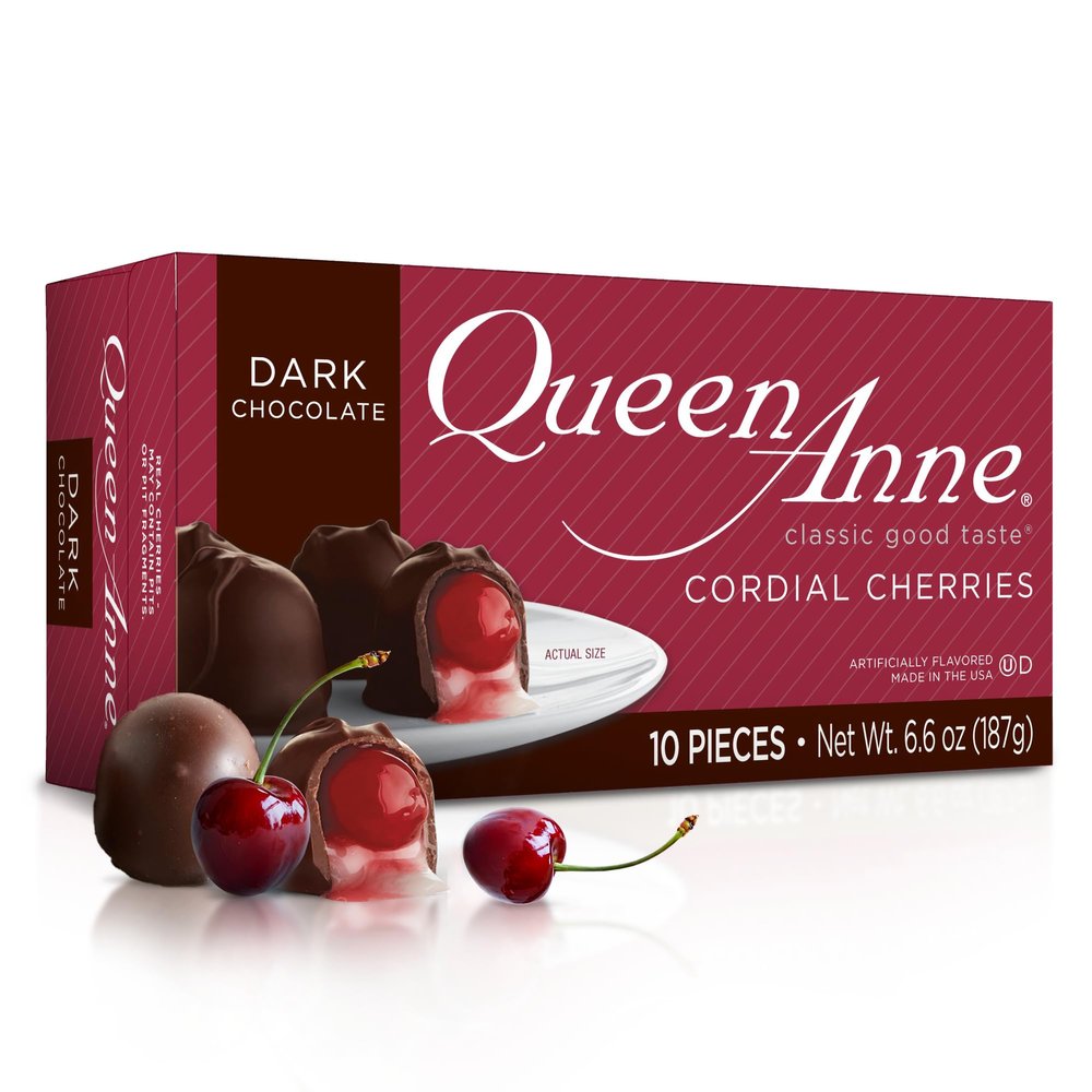 Queen Anne Dark Chocolate Covered Cordial Cherries | 6.6 oz | 10 Piece Gift Box | Whole Maraschino Cherry Creamy Filled Liquid Center | Holiday Party Chocolate Candy