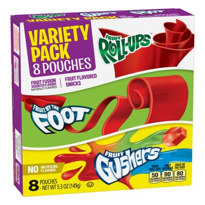 Betty Crocker Fruit Snacks, Fruit Roll-Ups, Fruit by the Foot and Fruit Gushers, Variety Snack Pack, 8 Pouches