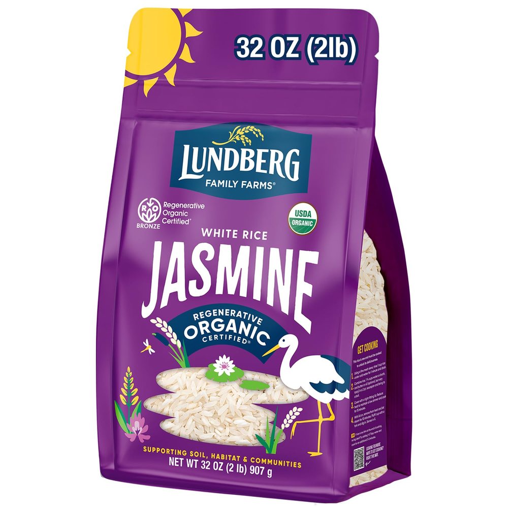 Lundberg Jasmine Rice, Regenerative Organic Certified  Non-Sticky, Aromatic Long-Grain White Rice, Responsibly Grown in California, 32 Oz