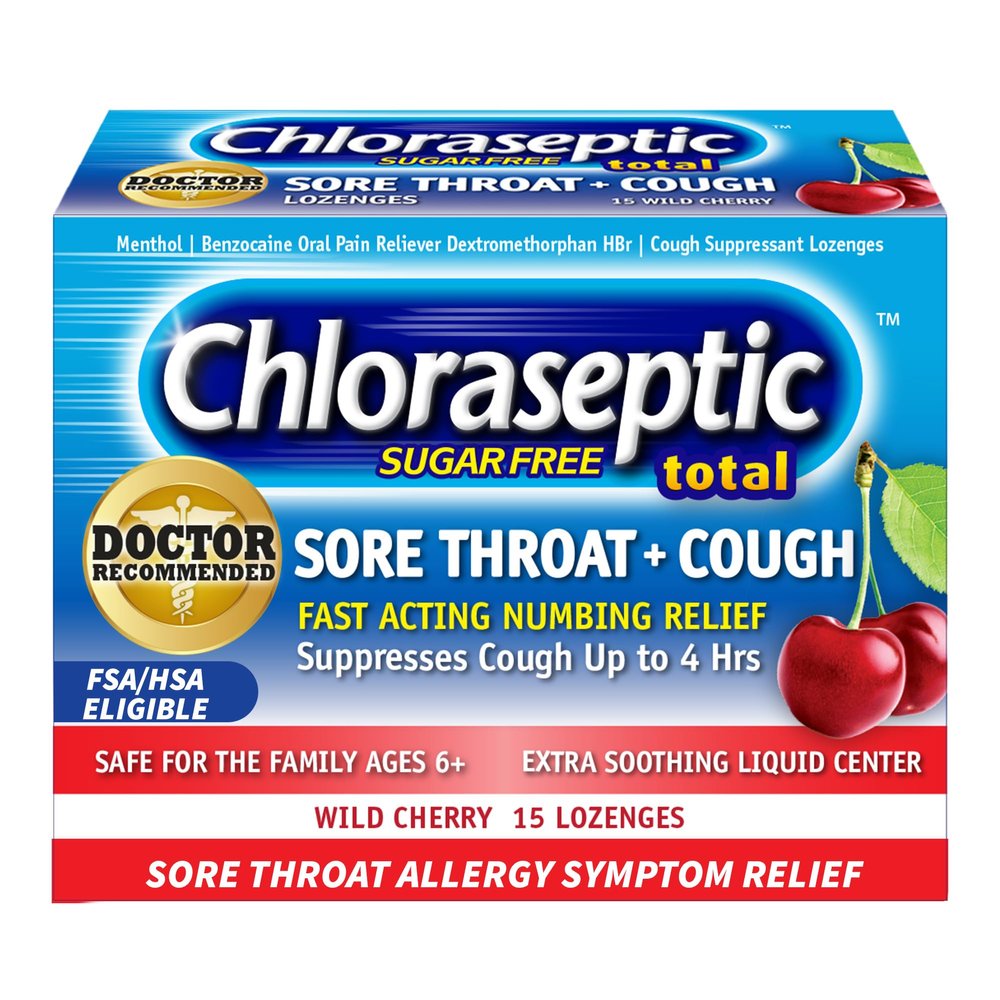Chloraseptic Sugar-Free Total Sore Throat & Cough Lozenges, Wild Cherry, Cough Drops with Liquid Center to Numb Sore Throat for Up to 4 Hours, 15 Count