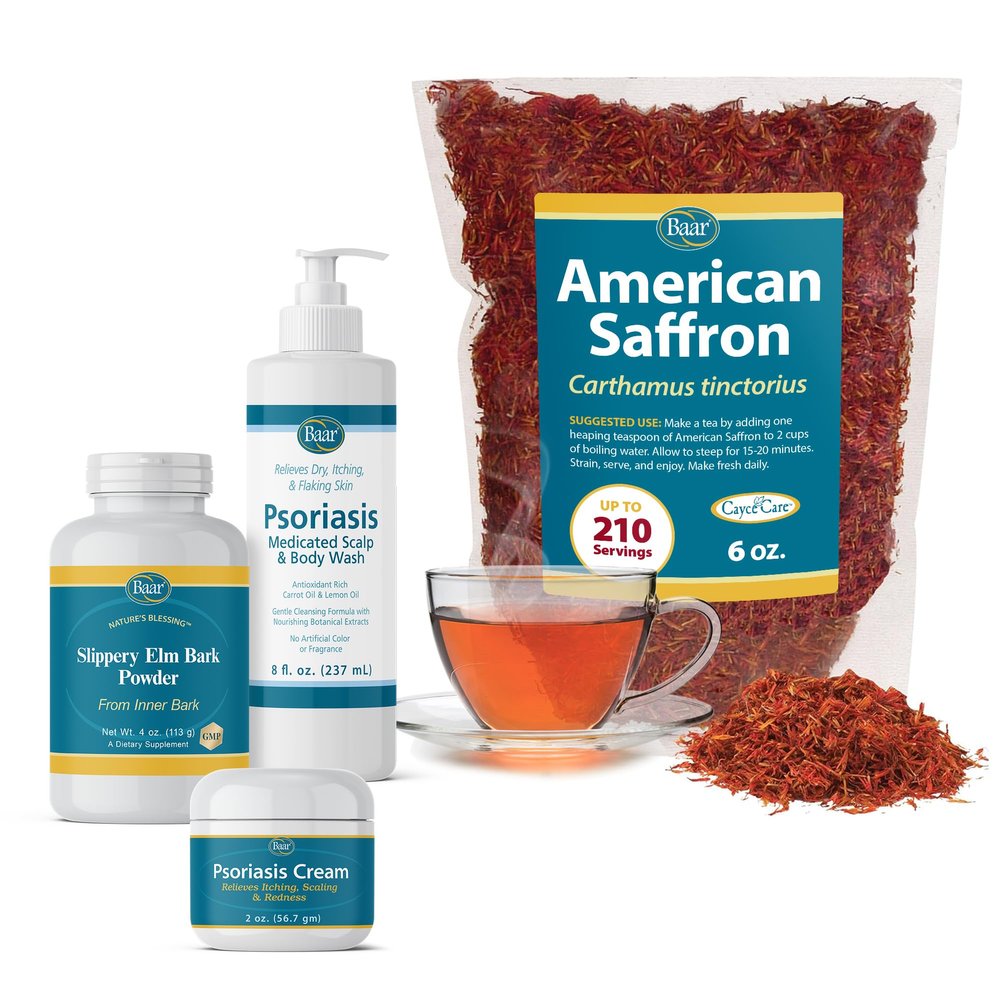 Psoriasis Care Kit - Includes American Saffron Tea, Slippery Elm Bark Powder, Psoriasis Scalp and Body Wash, and Psoriasis Cream. 4 Items Recommended in The Book Healing Psoriasis by Dr. John Pagano
