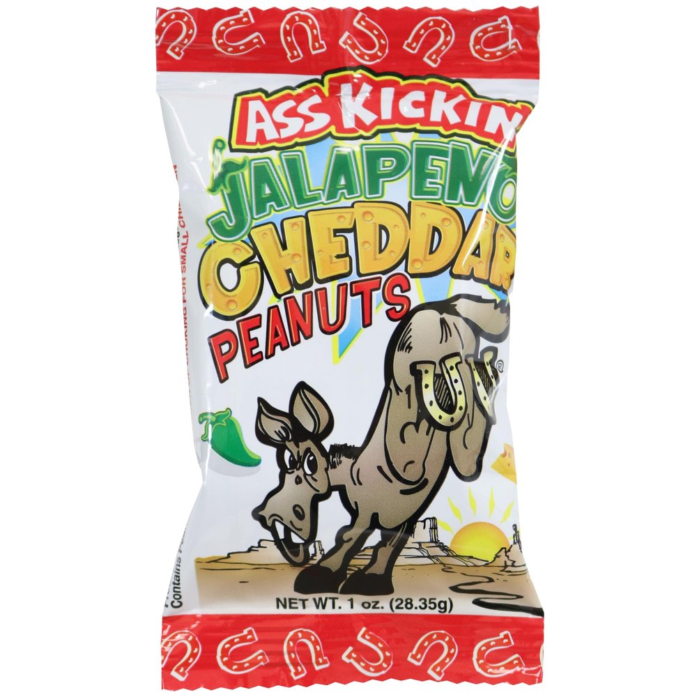 ASS KICKIN Jalapeno Cheddar Spicy Hot Peanuts 1oz 24 Pack - Ultimate Spicy Gourmet Gift Travel Size Peanuts Great on the Go Snack - Try if you dare!