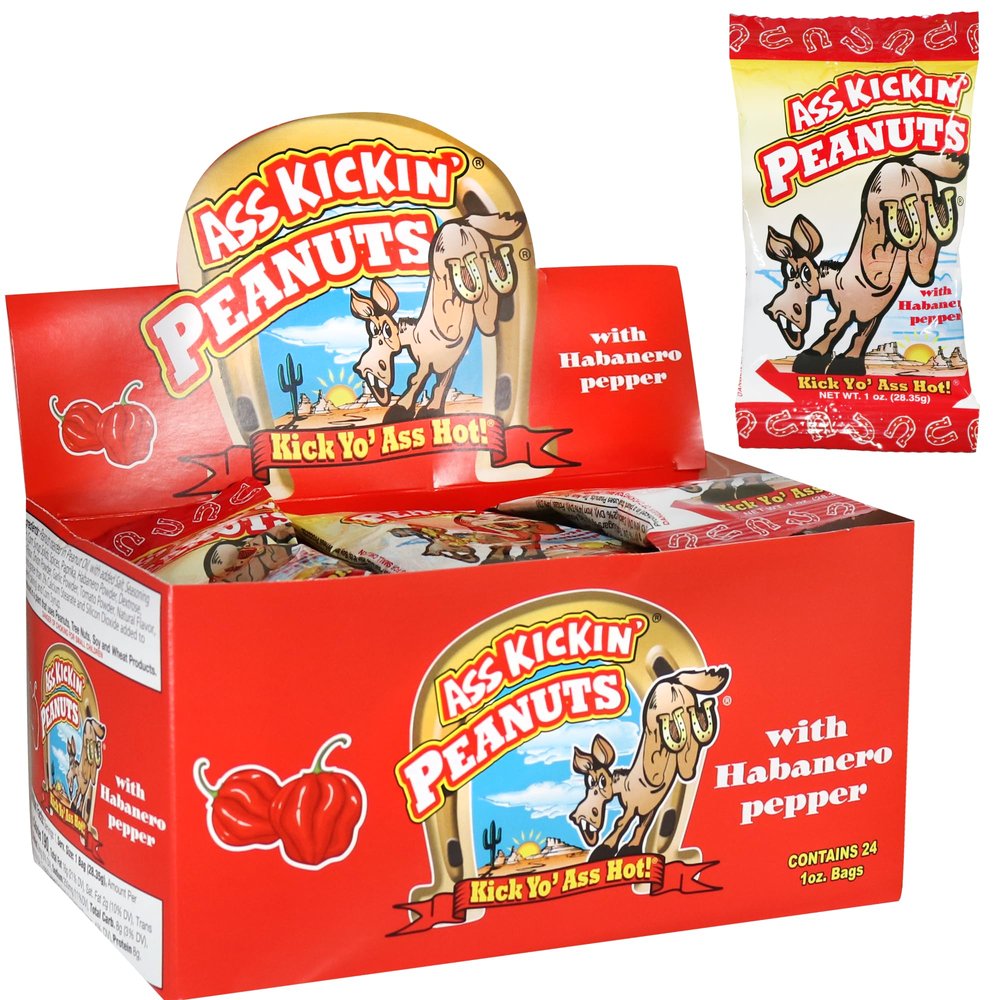 ASS KICKIN Habanero Pepper Spicy Hot Peanuts  1oz 24 Pack - Ultimate Spicy Gourmet Gift Travel Size Peanuts Great on the Go Snack - Try if you dare!