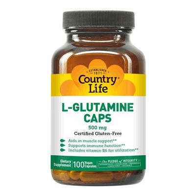 Country Life L-Glutamine 500 mg with B6  Supports Muscle Recovery, Endurance & Athletic Performance  Vegan, Gluten-Free, Kosher Amino Acid Supplement  100 Capsules