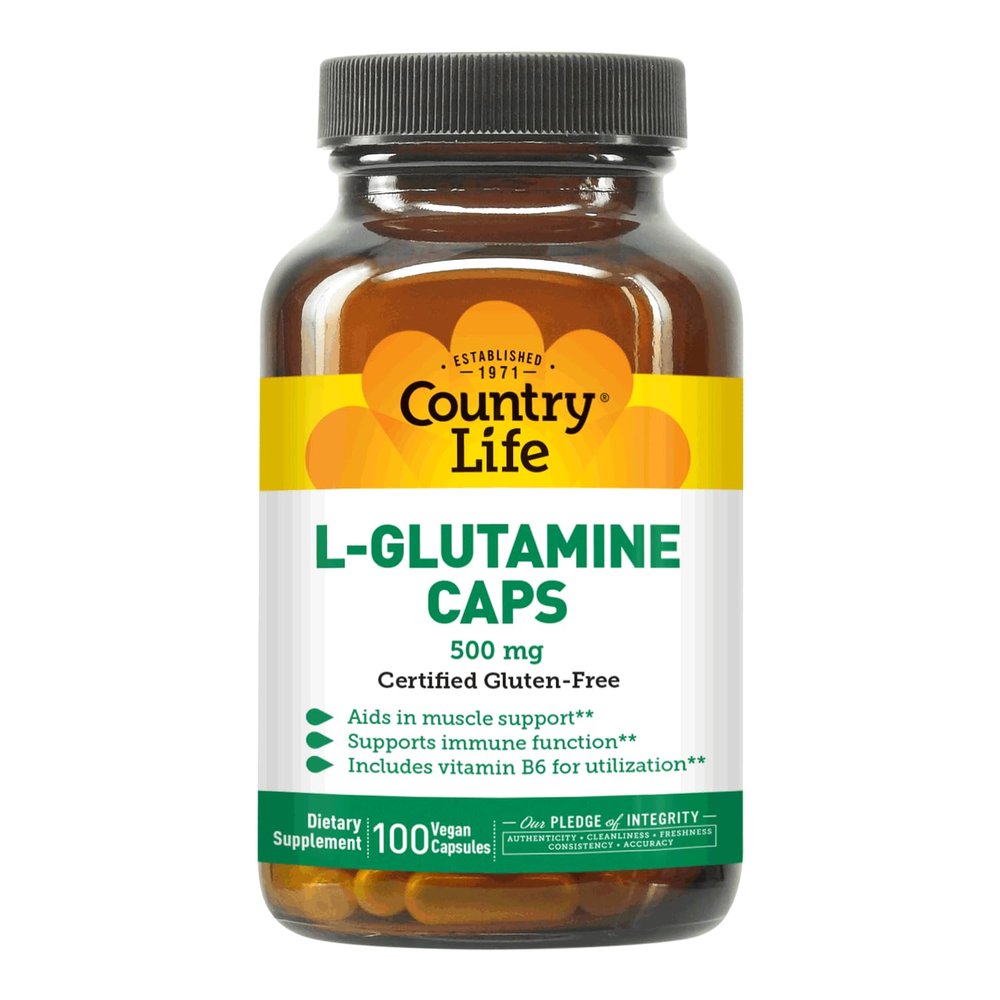 Country Life L-Glutamine 500 mg with B6 Supports Muscle Recovery, Endurance & Athletic Performance Vegan, Gluten-Free, Kosher Amino Acid Supplement 100 Capsules