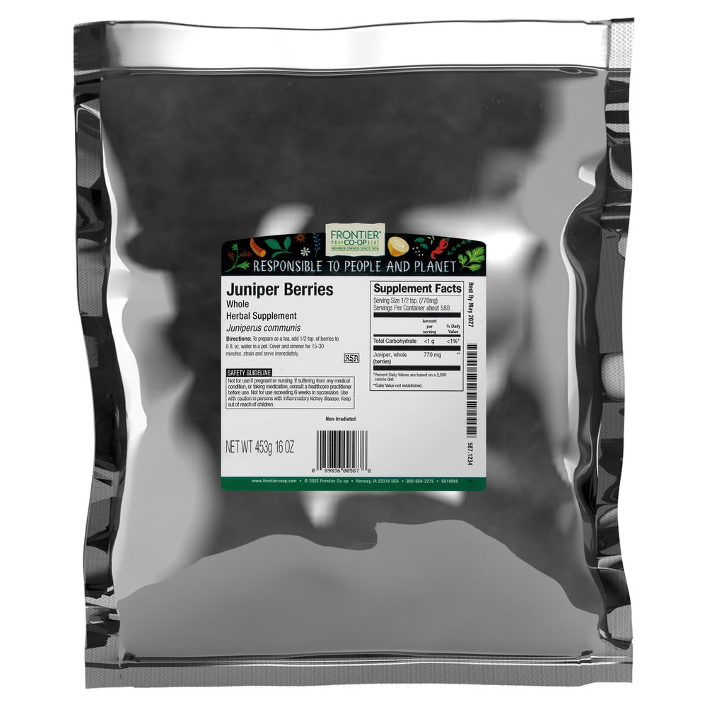 Frontier Co-op Juniper Berries Whole, 1lb Bulk Bag - Pure & Natural Dried Juniper Berries - Ideal for Juniper Berry Tea & Herbal Uses, Kosher