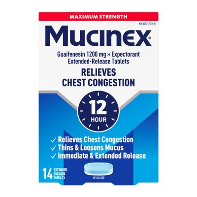 Mucinex 12 Hour Maximum Strength 1200 mg Guaifenesin Extended-Release Tablets for Excess Mucus Relief, Expectorant Aids Excess Mucus Removal, Chest Congestion Relief, 14 Tablets