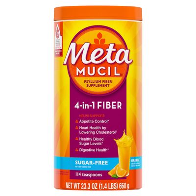 Metamucil 4-in-1 Psyllium Husk Fiber Supplement, Sugar-Free, 114 teaspoons, Orange Flavored, Daily Fiber Powder for Digestive Health, made with Plant-Based Psyllium Husk Fiber