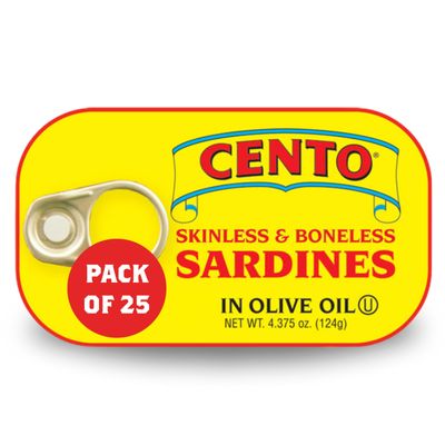 Cento Skinless & Boneless Sardines in Olive Oil, 4.375 Oz (Pack of 25), High Protein, Easy to Open Pull Top Lid