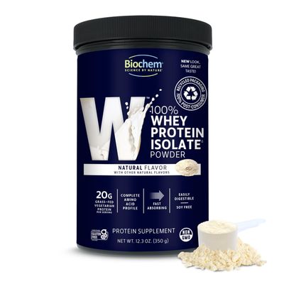 Biochem 100% Whey Isolate Protein - Natural Flavor - 12.3 Ounce, Preworkout & Immune Health - 20g Vegetarian Protein - Easily Digestible - Refreshing Taste - Keto Friendly & Easy To Mix