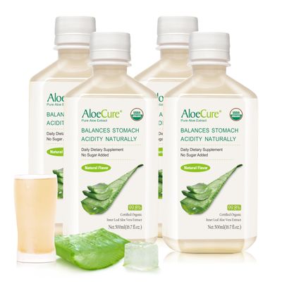 AloeCure USDA Organic Aloe Vera Juice Made Within 12 Hrs of Harvest - Pure Aloe Juice Natural Digestive Supplement to Support Digestion, Immune System and Balanced Stomach Acidity, 4 x 500ml Bottles