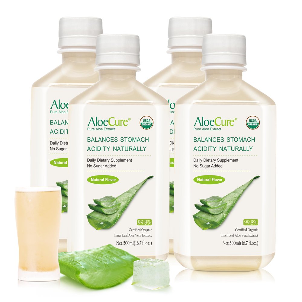 AloeCure USDA Organic Aloe Vera Juice Made Within 12 Hrs of Harvest - Pure Aloe Juice Natural Digestive Supplement to Support Digestion, Immune System and Balanced Stomach Acidity, 4 x 500ml Bottles