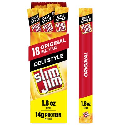 Slim Jim Smoked Meat Sticks, Deli Style Original Flavor, High Protein, 1.8 oz. (18 Count)