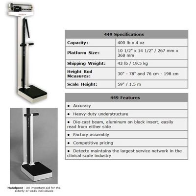 Detecto Mechanical Physician Scale, Eye Level with Handpost and Height Rod, 400lbs., Model#449, Made in the USA
