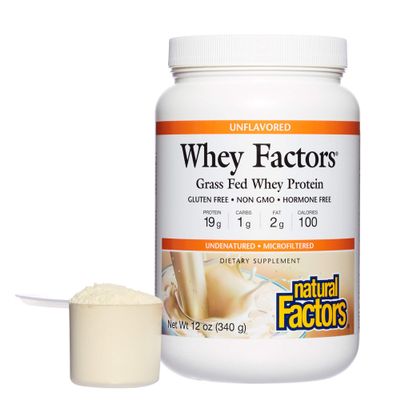 Whey Factors by Natural Factors, Grass Fed Whey Protein Concentrate, Aids Muscle Development and Immune Health, Unflavored, 12 Oz