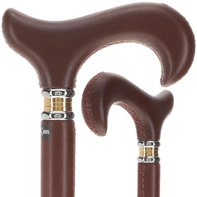 Soft Genuine Leather Grip Brown Cane - Leather Wrapped Shaft & Derby Handle - Stylish Two-Tone Collar - Walking Cane for Men and Women - Walking Cane for Women and Men