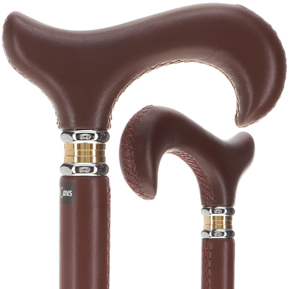 Soft Genuine Leather Grip Brown Cane - Leather Wrapped Shaft & Derby Handle - Stylish Two-Tone Collar - Walking Cane for Men and Women - Walking Cane for Women and Men