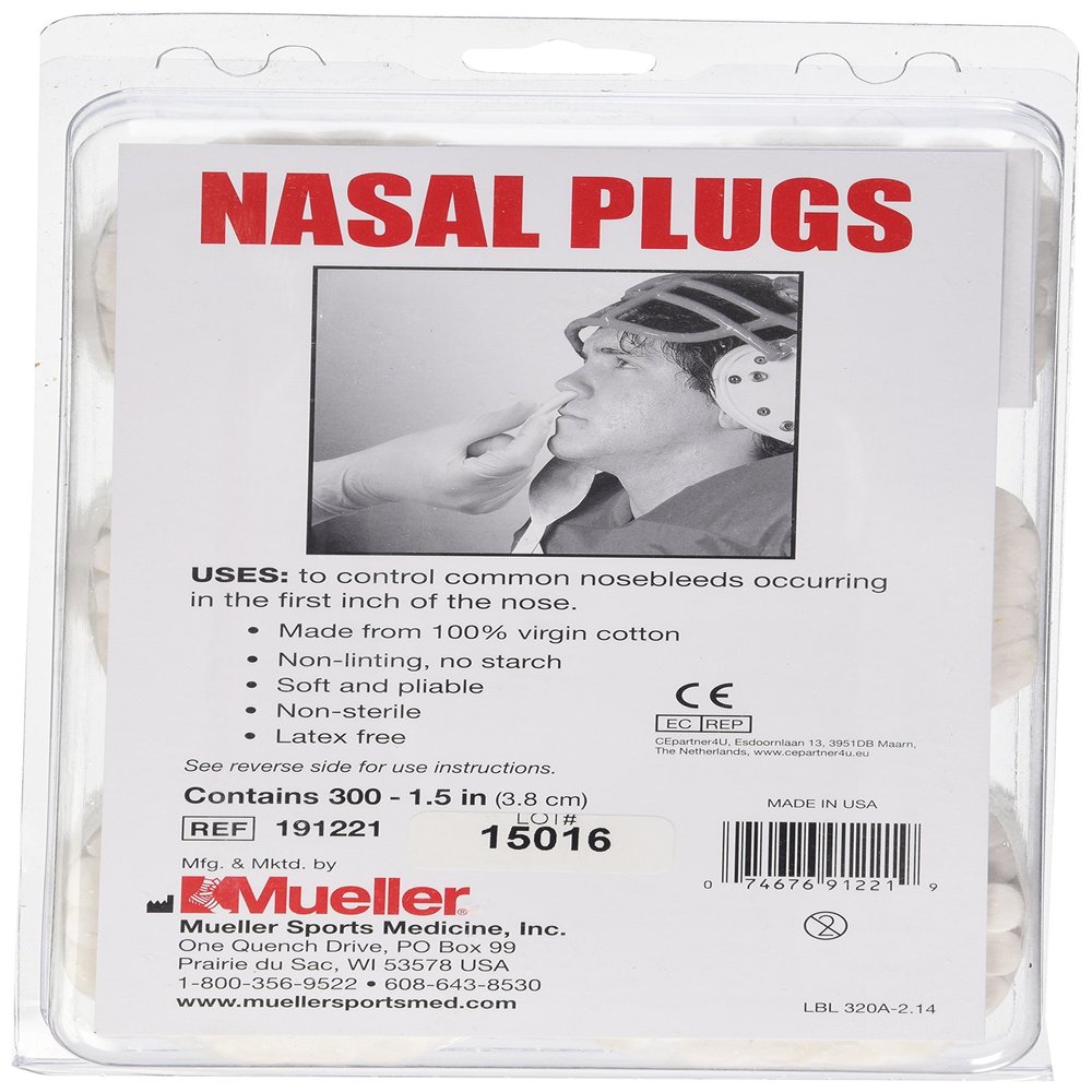 MUELLER Sports Medicine Nasal Plugs, Nose Bleed Stopper for Men and Women, First Aid Kit Medical Supplies, 100% Virgin Cotton, 300 Pieces