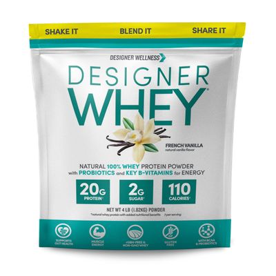 Designer Wellness, Designer Whey, Natural When Protein Powder with Probiotics, Fiber, and Key B-Vitamins for Energy, Gluten-Free, French Vanilla, 4 lb