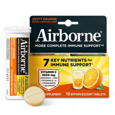 Airborne 1000mg Vitamin C with Vitamin D & Zinc, Sugar Free Multivitamin Immune Support Supplement, Antioxidants Vitamins A C & Vitamin E, 10 Effervescent Tablets, Zesty Orange Flavor
