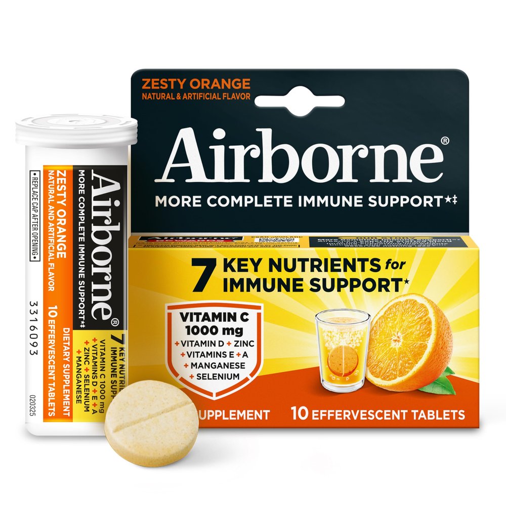 Airborne 1000mg Vitamin C with Vitamin D & Zinc, Sugar Free Multivitamin Immune Support Supplement, Antioxidants Vitamins A C & Vitamin E, 10 Effervescent Tablets, Zesty Orange Flavor