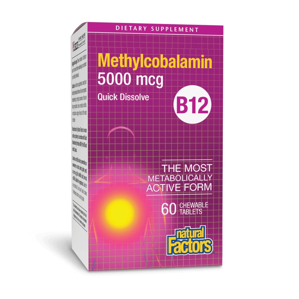 Natural Factors, Vitamin B12 Methylcobalamin 5000 mcg, Chewable Support for Energy and Immune Health, Vegetarian, 60 tablets (60 servings)