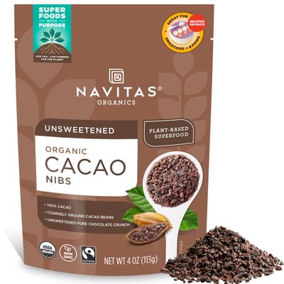 Navitas Organics Cacao Nibs  Unsweetened Dark Chocolate Crunch  Antioxidants, Minerals, Fiber  For Trail Mix, Baking & More  USDA Organic, Fairtrade, Non GMO, Gluten Free, Non-alkalized (4oz. Bag 38 Servings)