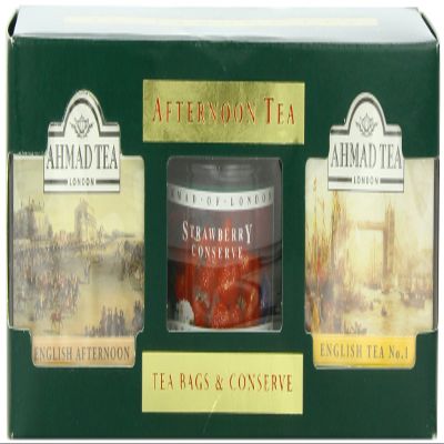 Ahmad Tea Afternoon Tea Selection, Gift Set of Two 10-Count Teas, and 4-Ounce Jar of Strawberry Preserves (Pack of 4)