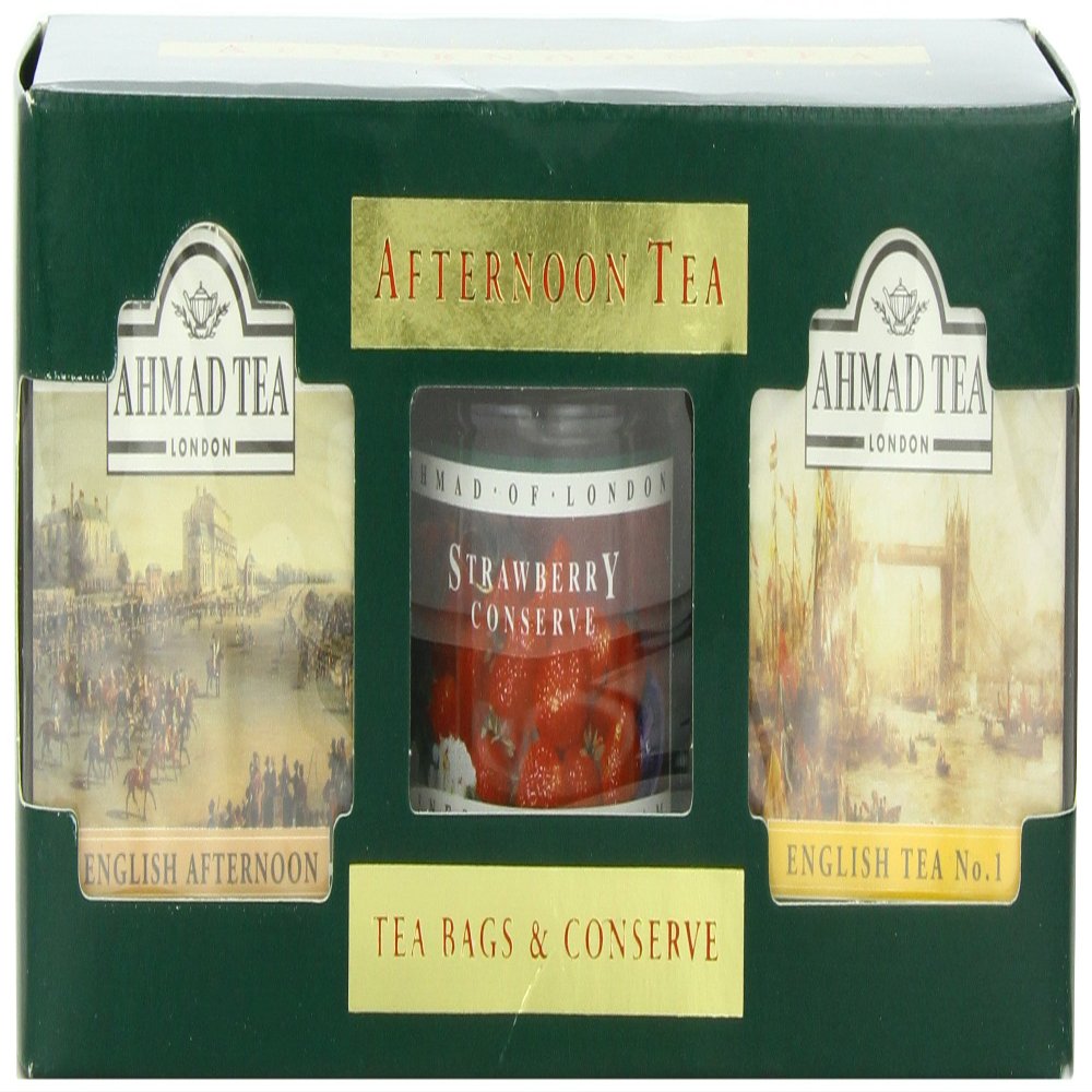 Ahmad Tea Afternoon Tea Selection, Gift Set of Two 10-Count Teas, and 4-Ounce Jar of Strawberry Preserves (Pack of 4)