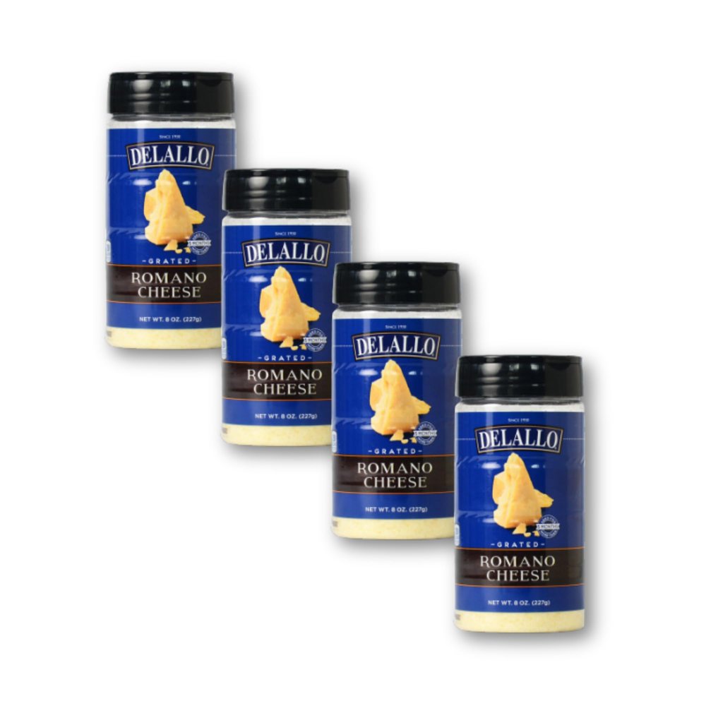 DeLallo Grated Romano Shaker Cheese, Made with Piquant Aged Cheese, Ready-to-Use Pasta Condiment, Finely Grated Texture, Gluten Free, Non-GMO, 8 oz Container, (4 Pack)