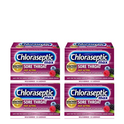 Chloraseptic Max Strength Sore Throat Lozenges, Wild Berries Flavor, 15 CT, 4 Pack