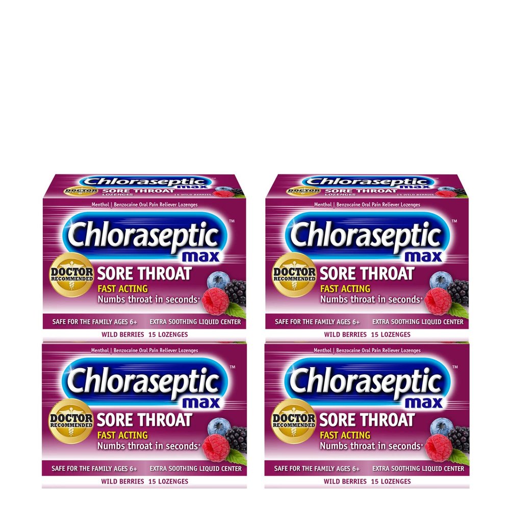 Chloraseptic Max Strength Sore Throat Lozenges, Wild Berries Flavor, 15 CT, 4 Pack