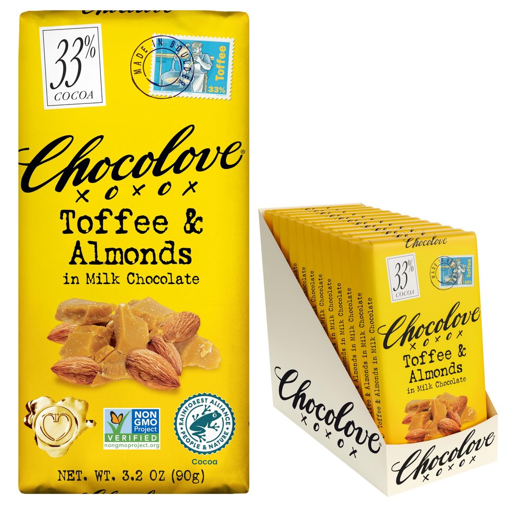 Chocolove Toffee & Almond Milk Chocolate Bars | 33% Cocoa | Made with Creamy Premium Chocolate | Sustainably Sourced, Non-GMO, & Gluten-Free, 3.2 oz Bar (12 Pack)