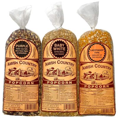 Amish Country Popcorn | 3-1 lb Bags | 1 lb Baby White, 1 lb Ladyfinger, and 1 lb Purple Popcorn Kernels Variety Pack | Old Fashioned, Non-GMO and Gluten Free (3-1 lb Bags)