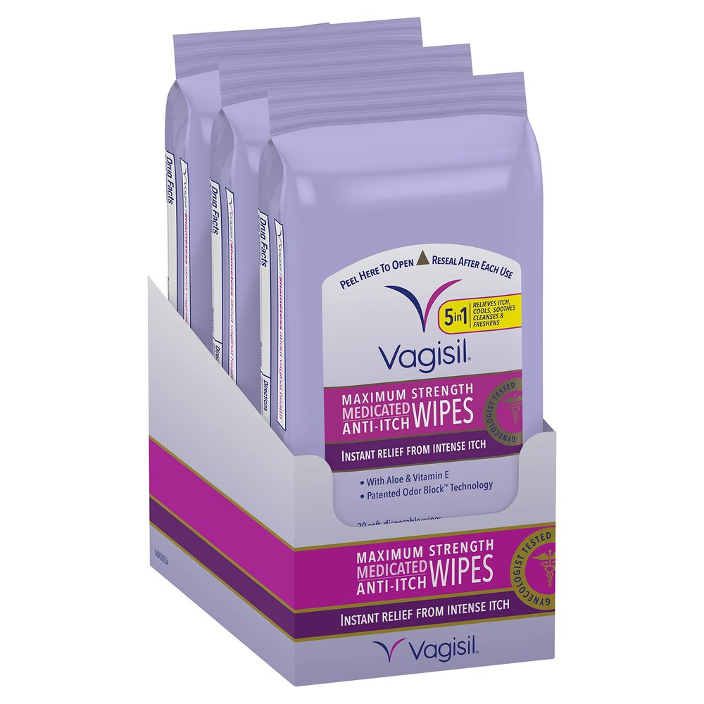 VAGISIL Anti-Itch Medicated Feminine Wipes, Max Strength, 20 Wipes (3 Pack)