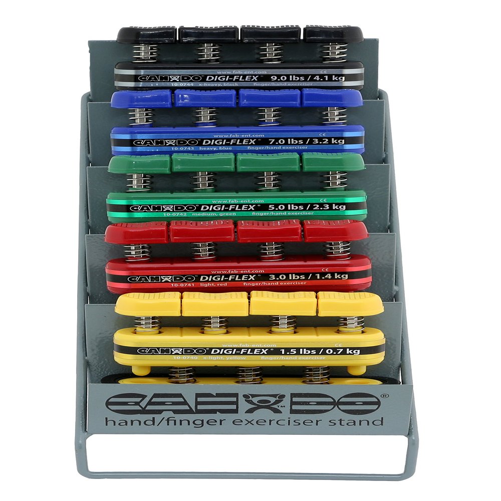 CanDo Digi-Flex Hand and Finger Exerciser 5 Piece Set X-Light - X-Heavy Resistance with Metal Storage Rack- For Dexterity, Strength, and Flexibility for Fingers, Hands, and Forearms