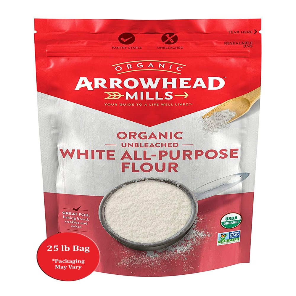Arrowhead Mills Flour, Unbleached White, 95% Organic, 25 Pound Package