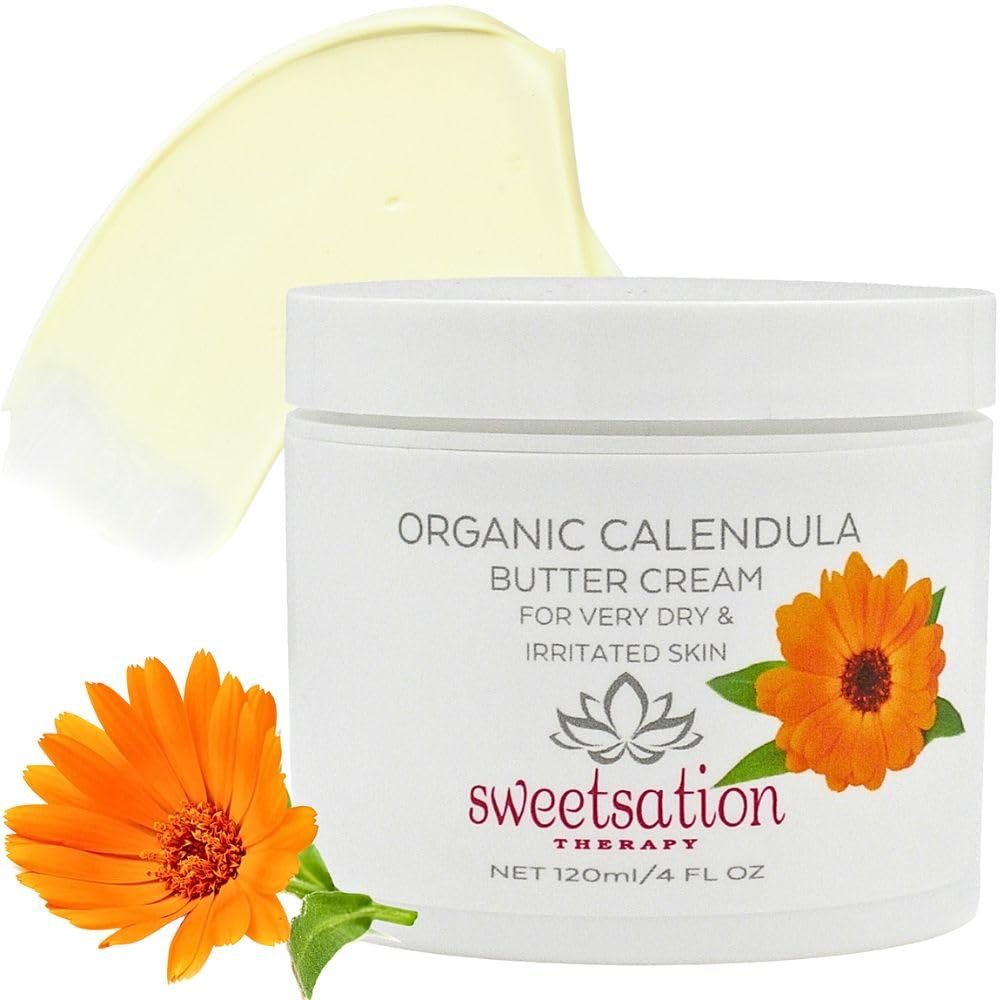 Sweetsation Therapy Organic Calendula Soothing Baby Butter Cream for Dry, Irritated Itchy Skin, Eczema, Psoriasis, soothing and healing 4oz. With Calendula, Avocado and Vitamin E.