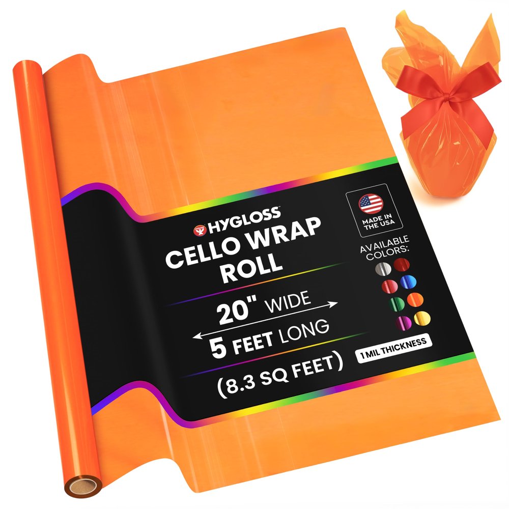 Hygloss Products Cellophane Roll  Cellophane Wrap for Crafts, Gifts, and Baskets 20 Inch x 5 Feet, Orange