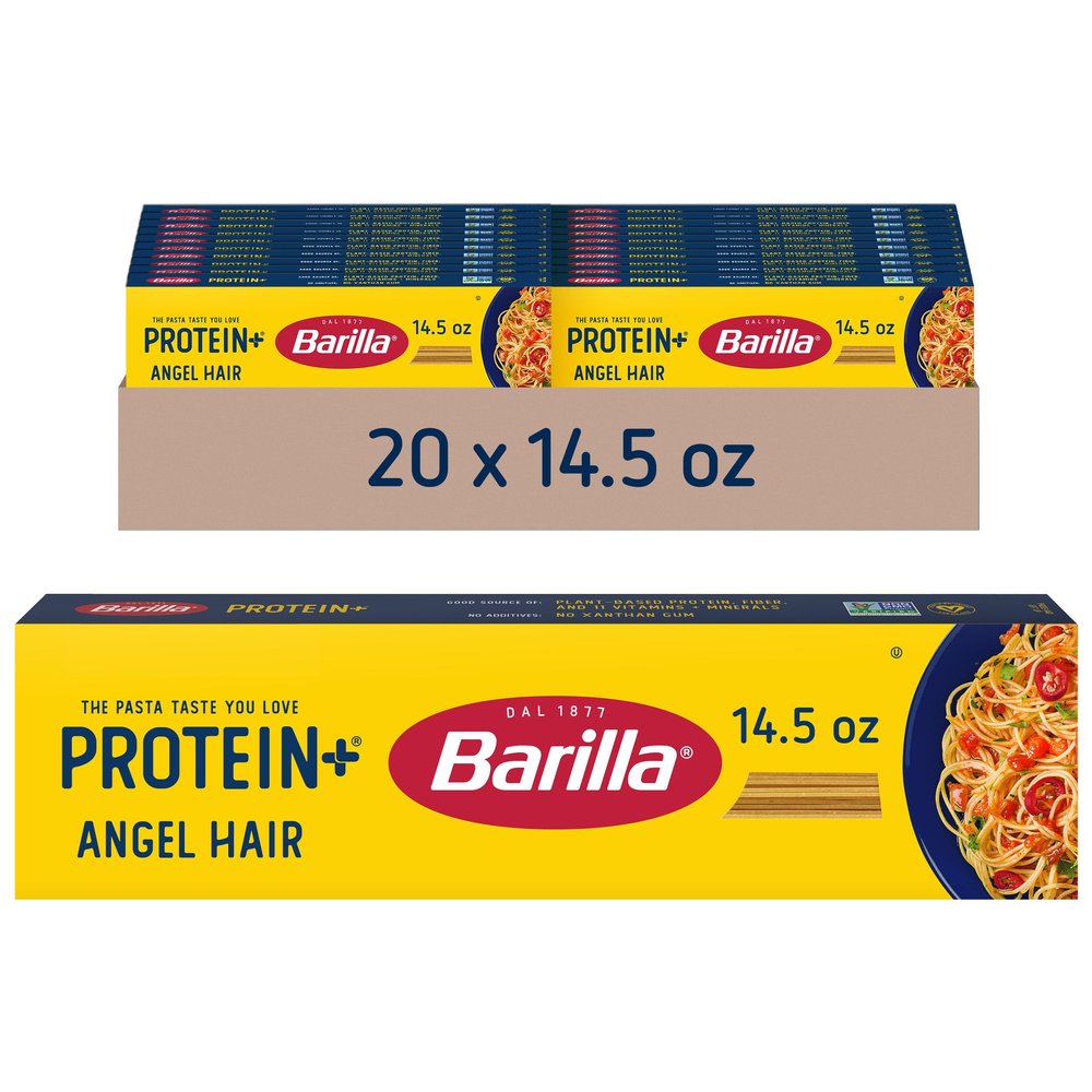 Barilla Protein+ (Plus) Angel Hair Pasta, 14.5 Ounce (Pack of 20) - plant based - Made from Lentils, Chickpeas & Peas - Non-GMO, Kosher Certified