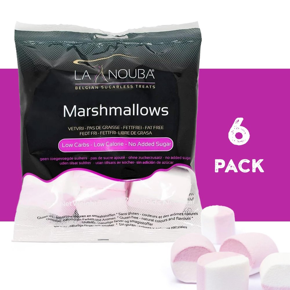 La Nouba Sugar-Free Marshmallows  6 Bags  2.7 oz.  Low Calorie, Low Carb, Fat-Free and Gluten Free Snack  Traditional Delicious Taste  All Natural and Healthy Marshmallows