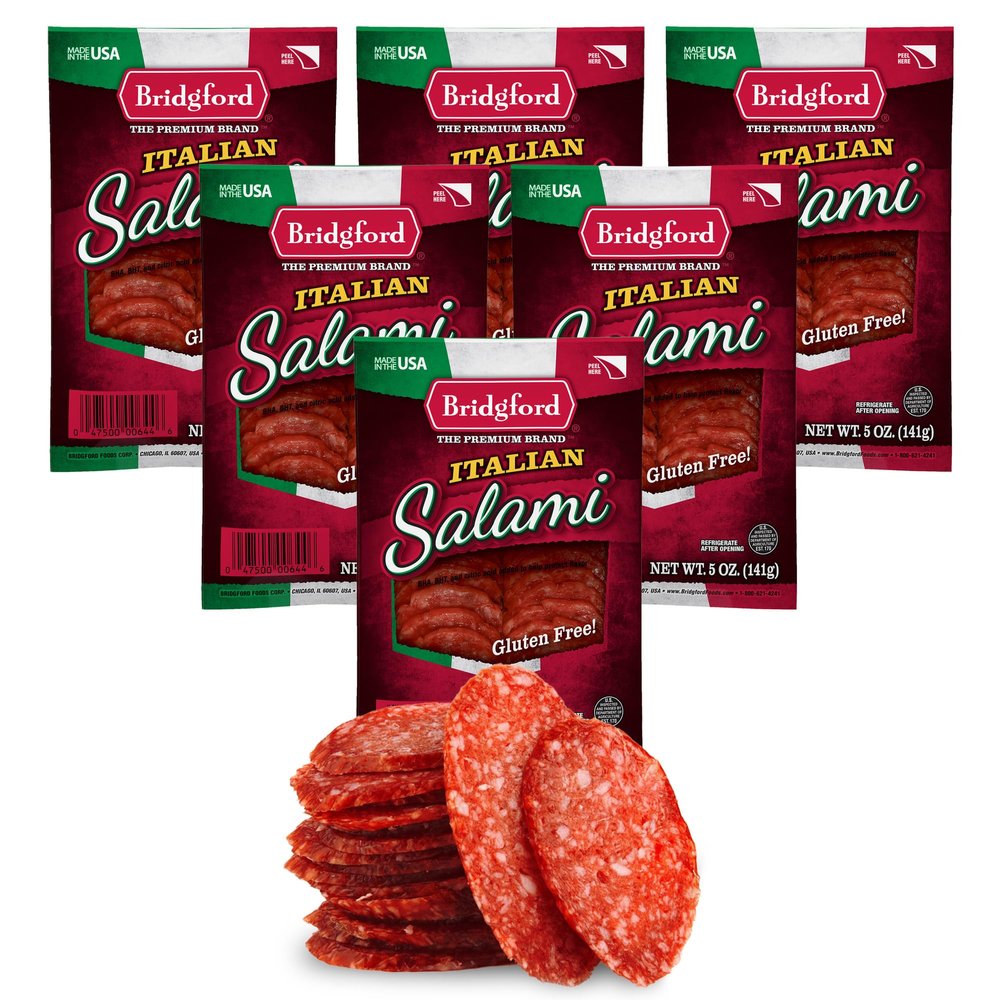 Bridgford Italian Salami 5 oz Pack of 6 - Zero Carb Healthy Salami Sliced Charcuterie Meat for Your Charcuterie Boards or Antipasto Platters - Ready-to-Eat Snack for On-The-Go Snacking