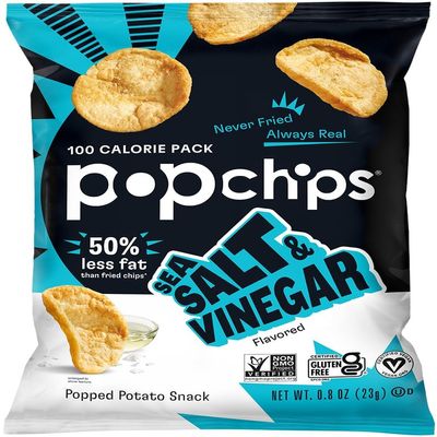 Popchips Potato Chips, Sea Salt & Vinegar, Single Serve, Low-Calorie, Gluten Free, Salty Snacks for Adults and Children, Non-GMO, Vegan & Kosher Friendly, 0.8 Ounce (Pack of 24)