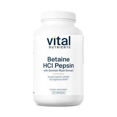 Vital Nutrients Betaine HCL Pepsin with Gentian Root Extract - Digestive Enzyme Formula to Support Protein Digestion and Nutrient Absorption* - Gluten, Dairy, Soy Free - 225 Capsules
