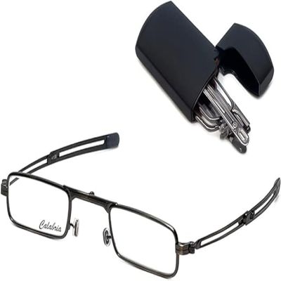 Calabria Mini Metal Folding Reading Glasses +2.50 Pewter/Black Flip Top Hard Case Corning Glass Lens Pocket Readers Foldable