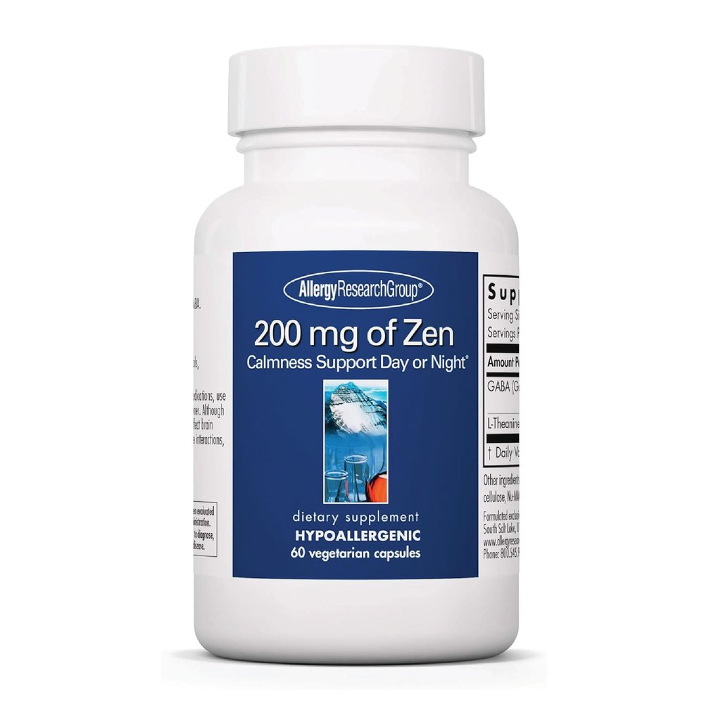Allergy Research Group ARG 200 mg of Zen - Supports Calm and Stress Balance - Delivers 200 mg L-Theanine & 550 mg GABA per Serving - Vegetarian & Hypoallergenic - 30 Servings - 60 Capsules
