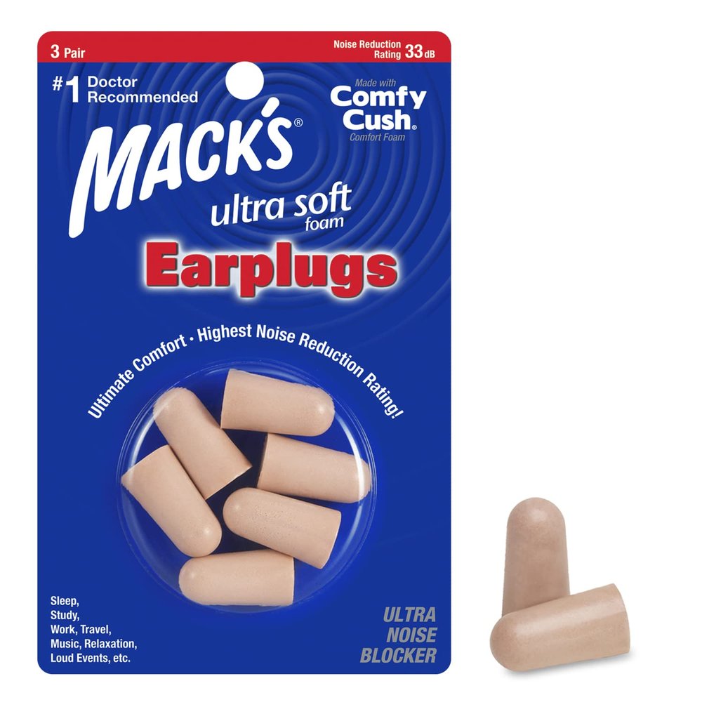 Mack's Ultra Soft Foam Earplugs, 3 Pair - 33dB Highest NRR, Comfortable Ear Plugs for Sleeping, Snoring, Travel, Concerts, Studying, Loud Noise, Work | Made in USA