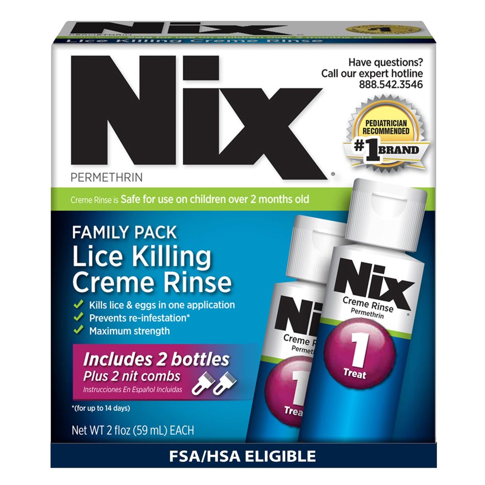 Nix Lice Treatment Family Pack, Kills Lice & Eggs, 2 Bottles Permethrin Crme Rinse (2 Fl Oz Each) & 2 Lice Combs