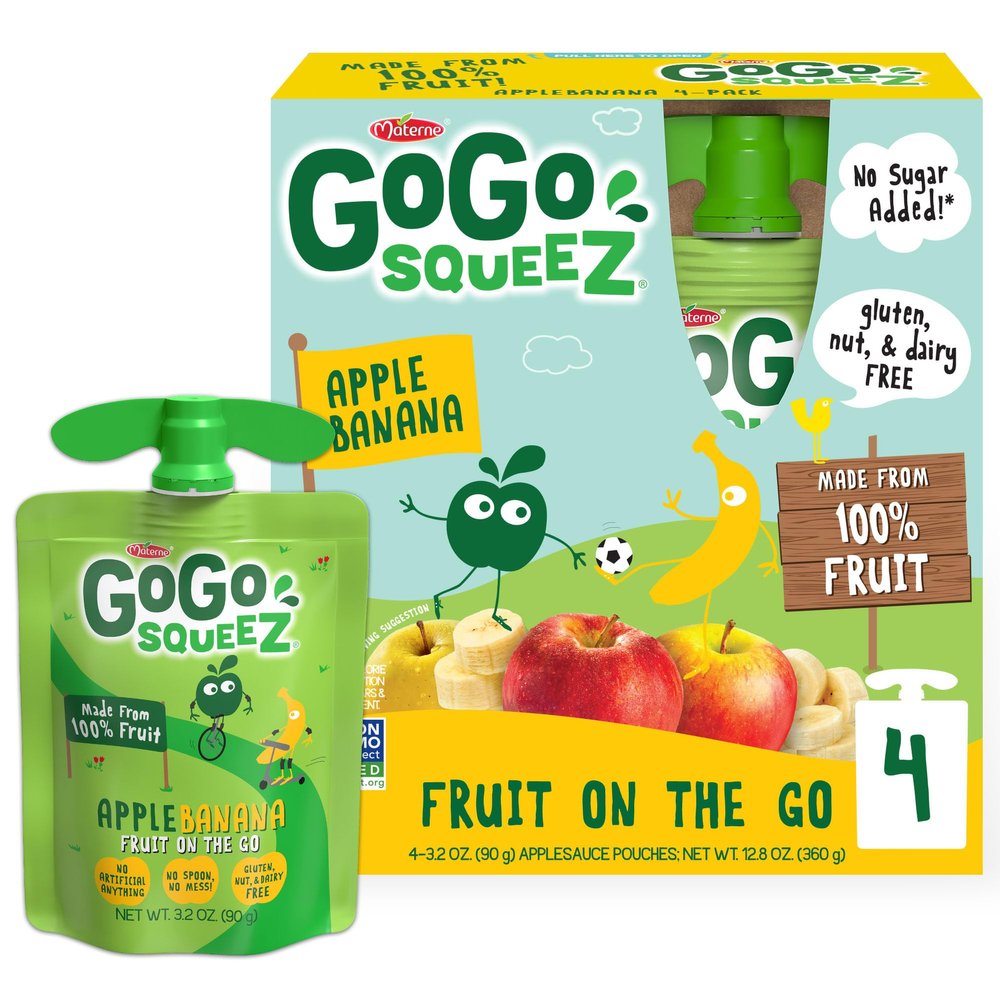 GoGo squeeZ Applesauce and Fruit Puree, Apple Banana, 3.2 oz (Pack of 4), Unsweetened Fruit Snacks for Kids, Gluten Free, Nut Free and Dairy Free, BPA Free Pouches (Packaging May Vary)